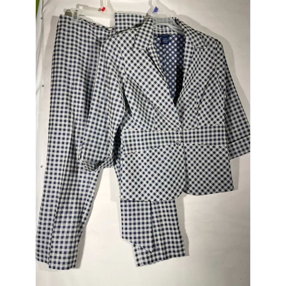 Doncaster Collection Silk Blend Gingham Pant‎ Suit W/Sash Belt Women 10 Navy